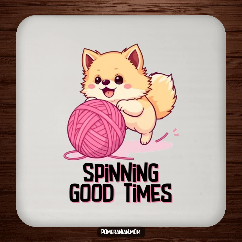 Funny Pomeranian coasters, a fluffy dog joyfully chasing a large yarn ball, protecting surfaces with humor.