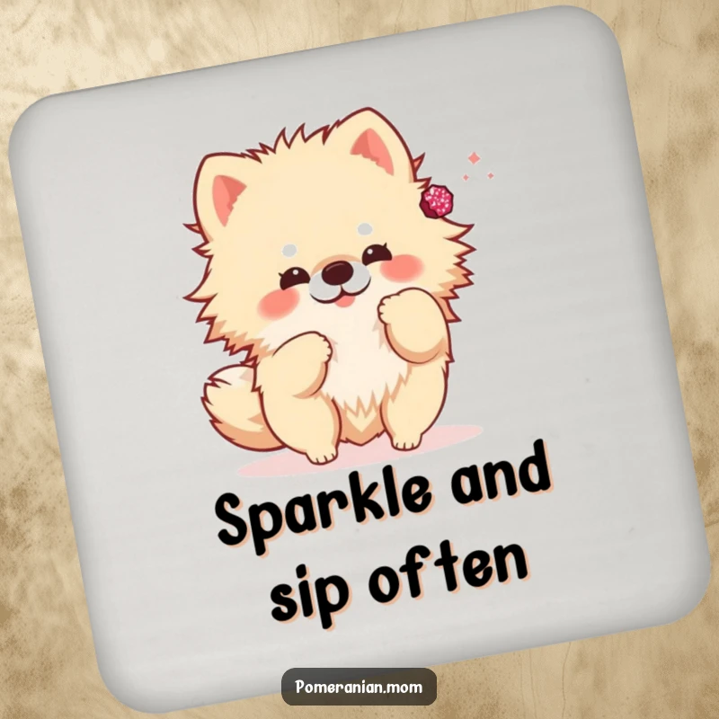 Funny kawaii Pomeranian coasters, a set of coasters featuring a cute dog playfully tossing a sparkly accessory. For table protection.