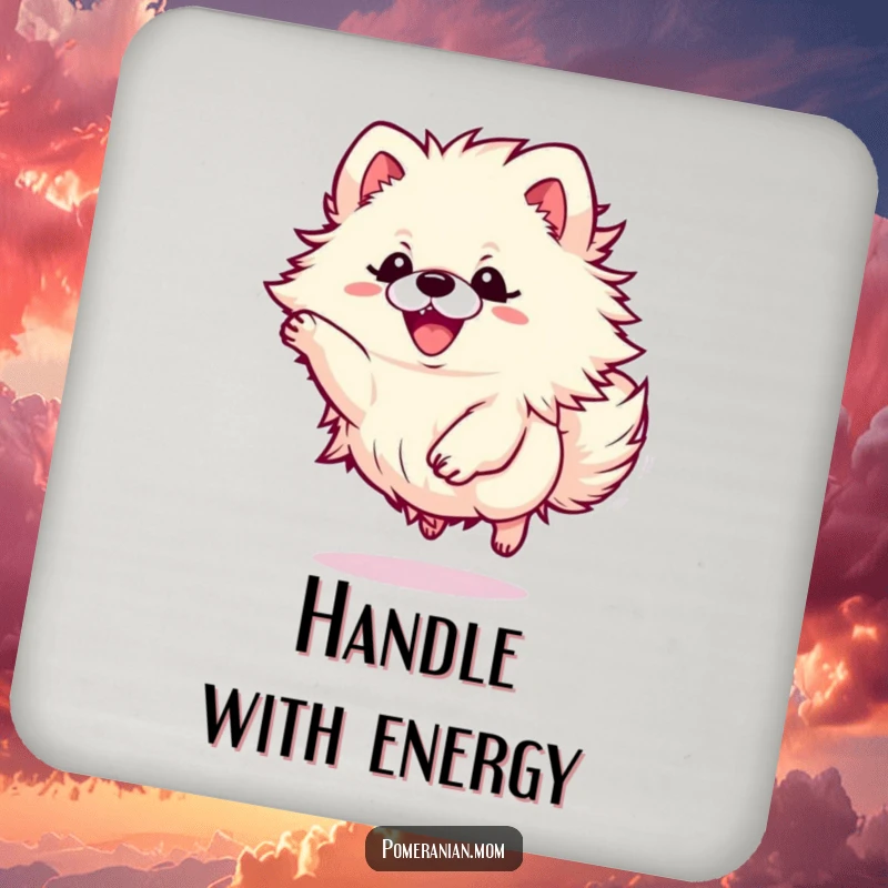 Funny Kawaii Pomeranian drink coaster with a small dog leaping energetically, adding a playful touch to any table.