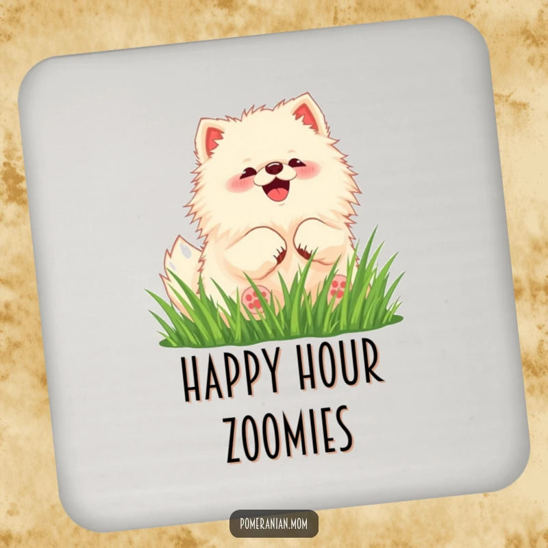 Funny Pomeranian coasters featuring a kawaii dog rolling happily in grass, adding cute decor.