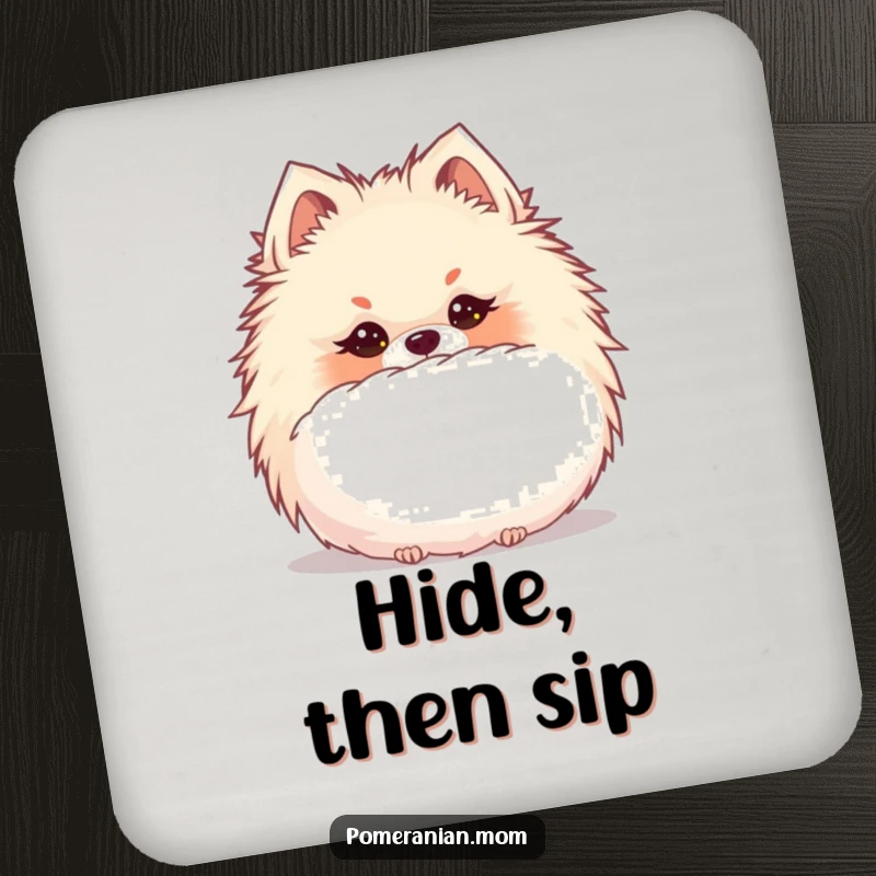 Funny Kawaii Pomeranian hiding with a mischievous glint behind a puffball, adding whimsy to drink coasters.