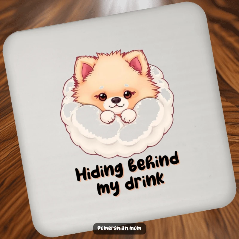Funny kawaii Pomeranian peeking from its fluffy fur cloud drink coaster, a cute and functional accessory.
