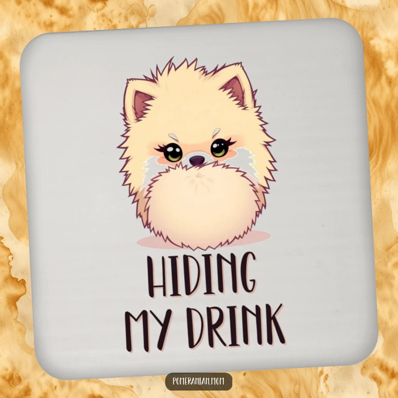 Funny Kawaii Pomeranian Coaster: Cute dog with a mischievous twinkle hiding behind a pom-pom, a humorous and practical surface protector.