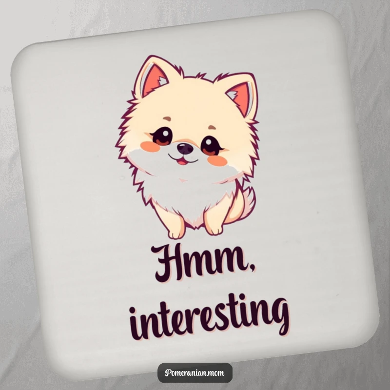 Funny kawaii Pomeranian coaster, showing a fluffy dog tilting its head with adorable curiosity. Protects furniture with sweet humor.