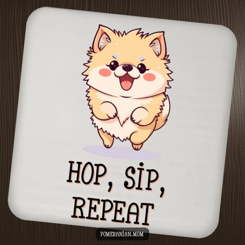 Funny Pomeranian Coaster showing a kawaii Pomeranian character doing a cute, bouncy hop.