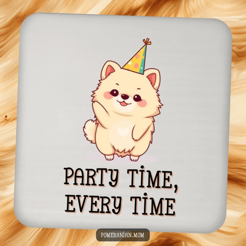Funny kawaii Pomeranian coasters, a set of coasters featuring a cute dog balancing a festive party hat. Protects tables.