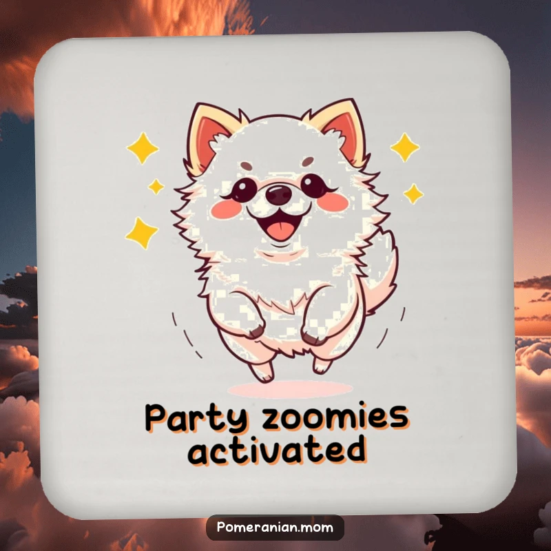 Funny kawaii Pomeranian performing energetic zoomies drink coaster, a cute and functional accessory for dog lovers.