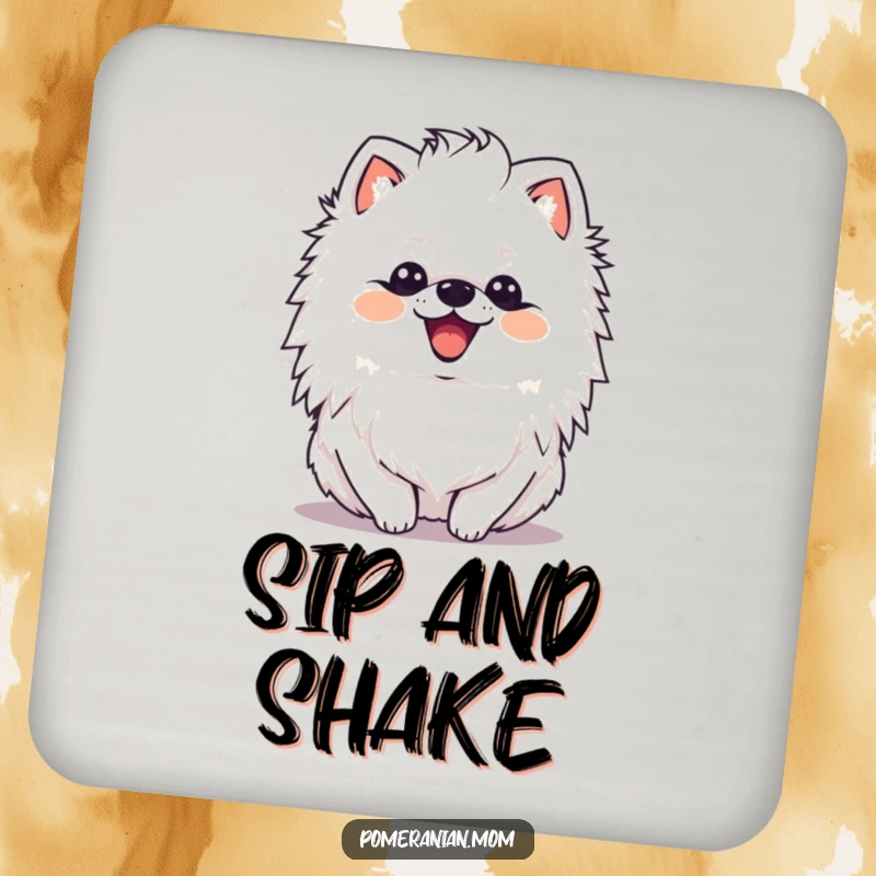 Funny kawaii Pomeranian with a delighted expression shaking its mane on this protective drink coaster, adding a touch of joyful flair.