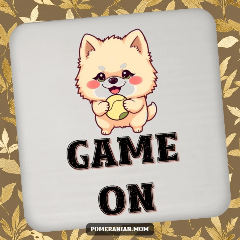 Funny Pomeranian character with a mischievous grin holding a ball on this protective drink coaster, adding a touch of playful mischief.