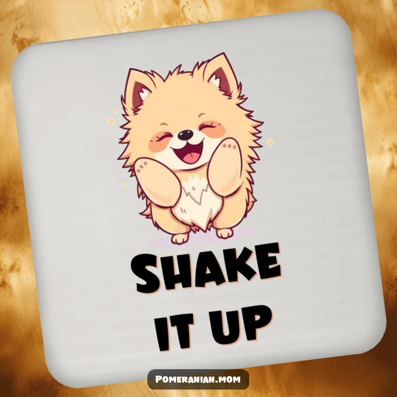 Funny Kawaii Pomeranian drink coaster, featuring a fluffy dog shaking its body with glee, stylish and protective.