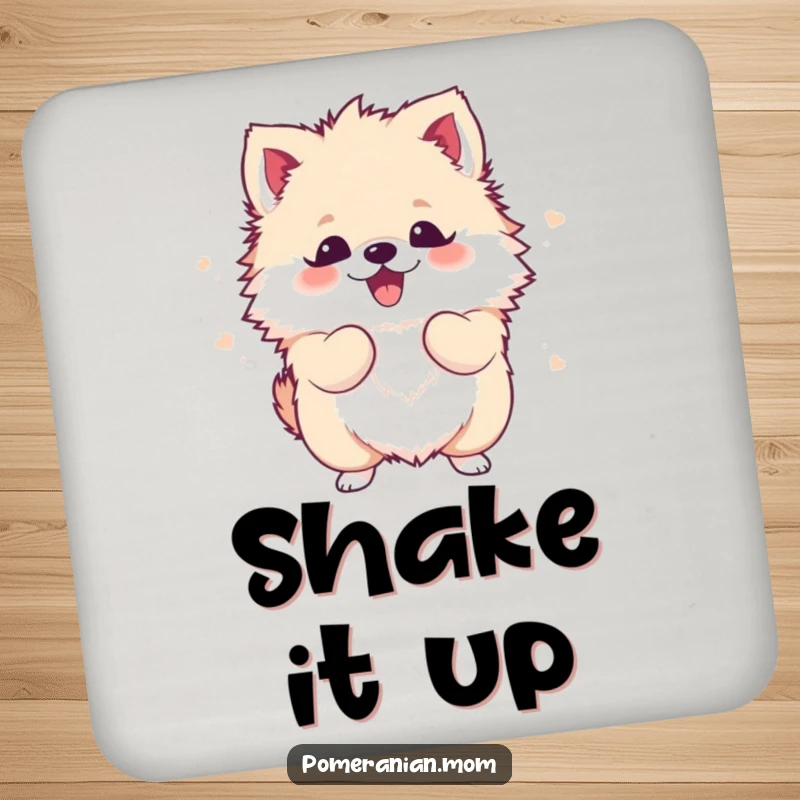 Funny Kawaii Pomeranian Coaster: A cute, fluffy dog shaking its body with excitement, offering funny protection for tables.