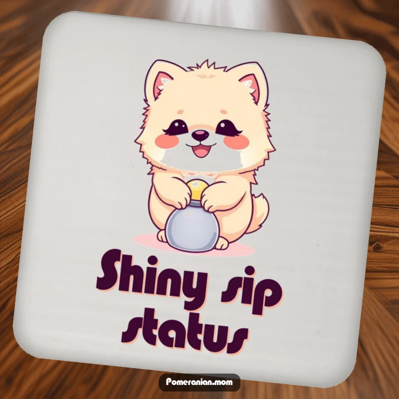 Funny Pomeranian coasters showing a dog balancing a shiny object, adding skillful charm and humor to any tabletop.