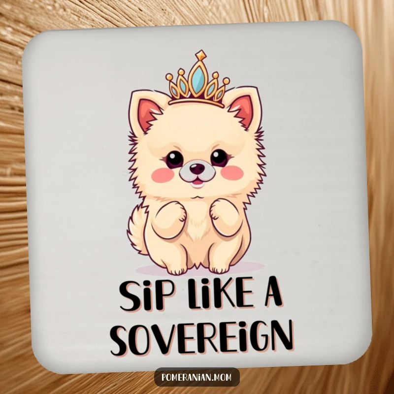 Funny drink coaster showcasing a kawaii Pomeranian wearing a tiny tiara and striking a diva pose, adding royal flair.
