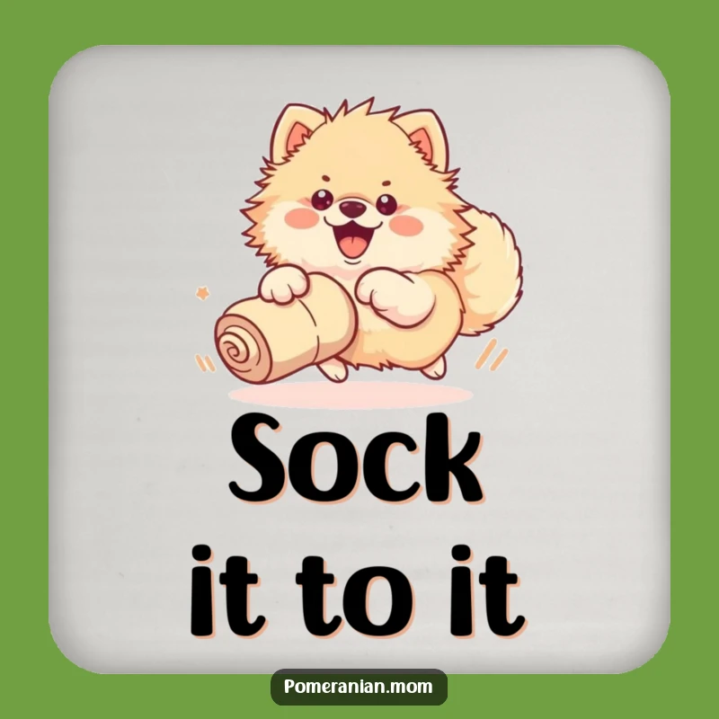 Funny Kawaii Pomeranian Sock Chase Coaster: Protect Surfaces with Hilarious Dog Art