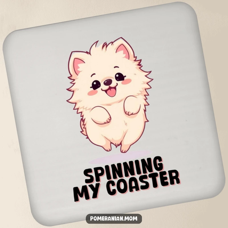 Funny Kawaii Pomeranian Coasters: A fluffy dog in a joyful spin, adding cheer to drink protection.