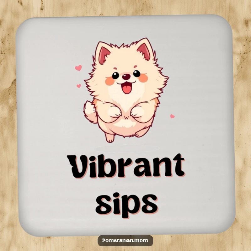 Funny Pomeranian drink coasters depicting a small dog bounding with energetic flair, bringing a sense of dynamic playfulness.