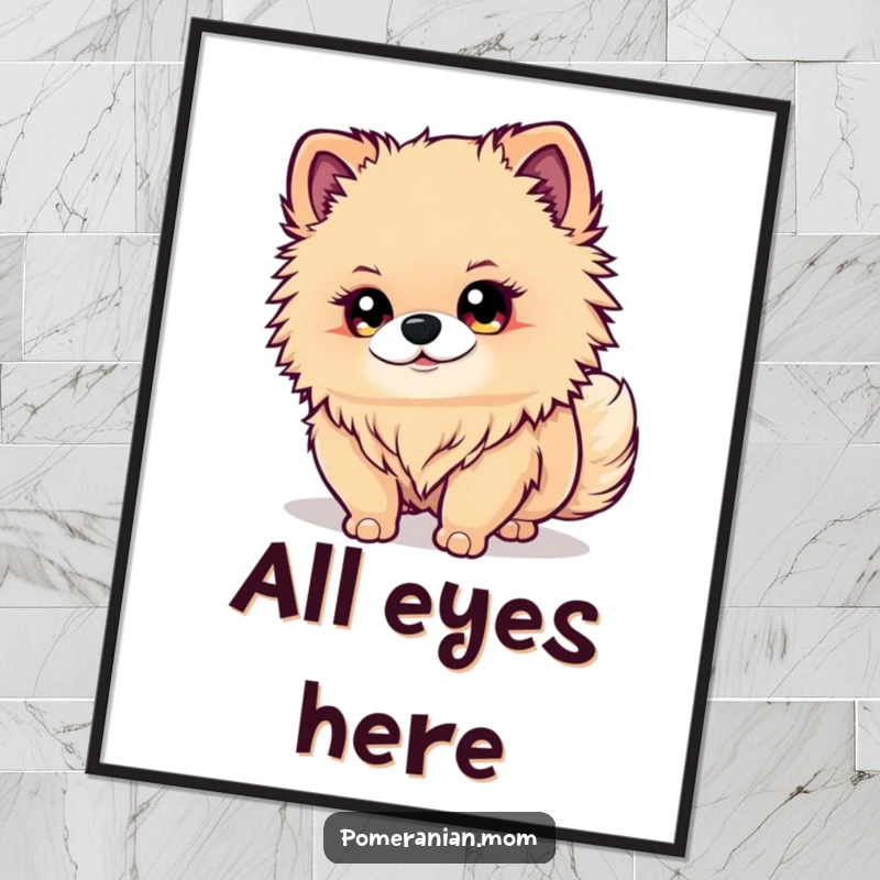 Funny Kawaii Pomeranian Poster: A cute dog with sparkling eyes intently watches its wagging tail, capturing a moment of canine comedy.