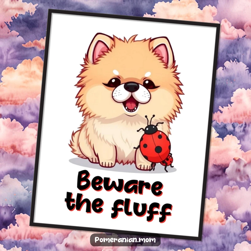 Funny poster of a kawaii Pomeranian bravely barking at a ridiculously small ladybug, celebrating small dog bravery with humor.