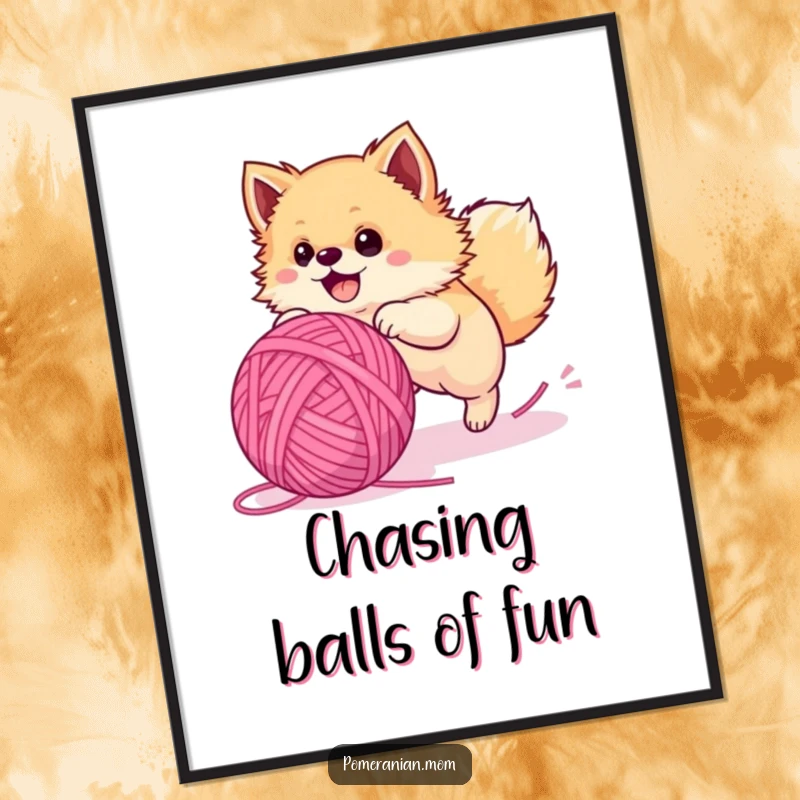 Funny Pomeranian poster, a fluffy dog charging with glee after a giant yarn ball, creating a humorous and dynamic scene.