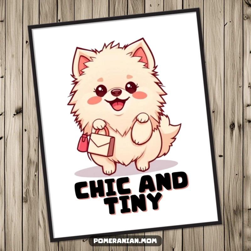 Funny Kawaii Pomeranian Poster: A cute dog with a happy wiggle carries a miniature handbag, embodying chic canine style.