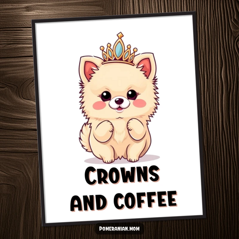 Funny poster illustrating a kawaii Pomeranian wearing a tiny tiara and striking a confident diva pose, exuding royal flair.