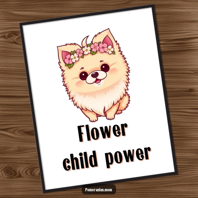 Funny Kawaii Pomeranian wearing a miniature flower crown, with a perky tilt, bringing elegance to wall art.
