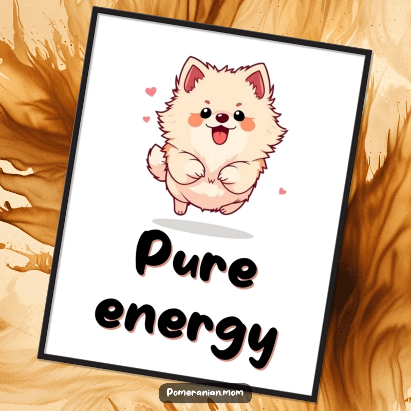Funny Pomeranian poster capturing a small dog in the midst of an energetic, stylish bound, conveying pure joy and zest for life.