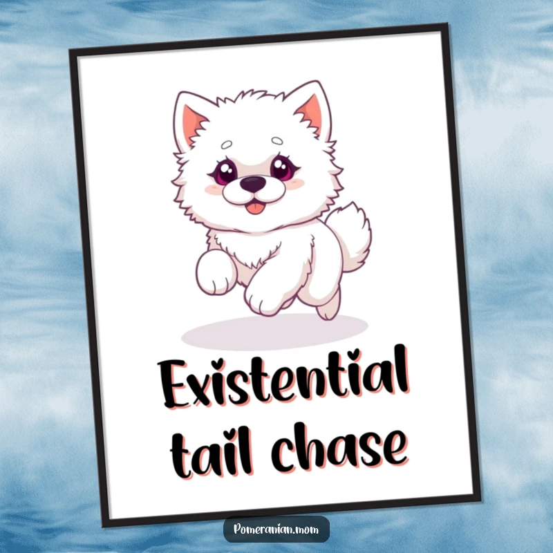 Funny poster art of a fluffy white dog with wide, excited eyes, caught in a perpetual cycle of chasing its own tail, pure silliness.