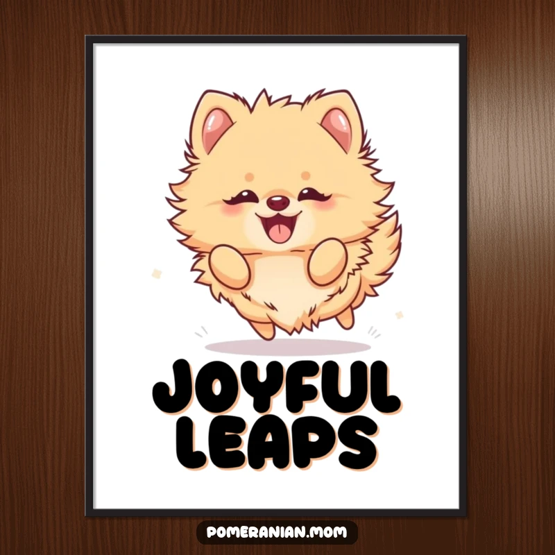 Funny Kawaii Pomeranian Poster: A fluffy dog captured frolicking with sheer joy, radiating happiness, perfect for decoration.