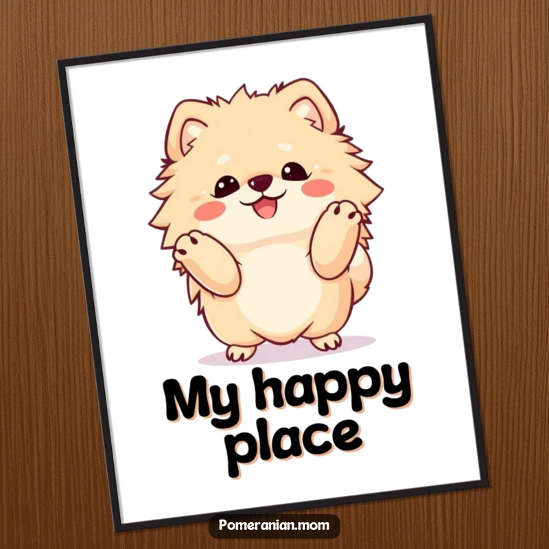 Funny Kawaii Pomeranian poster, a fluffy dog energetically doing a happy dance, bringing vibrant, joyful energy to the space.