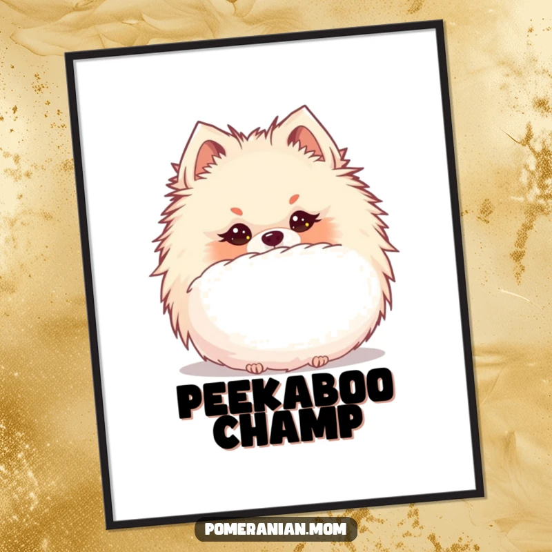 Funny Kawaii Pomeranian with a mischievous glint, peeking from behind a giant puffball, perfect for playful wall art.