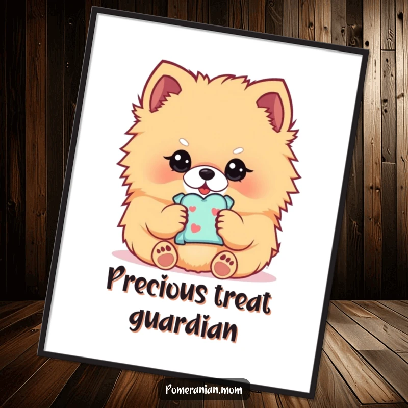 Funny Kawaii Pomeranian poster, depicting a fluffy dog delicately holding a small treat, sweet and humorous art.