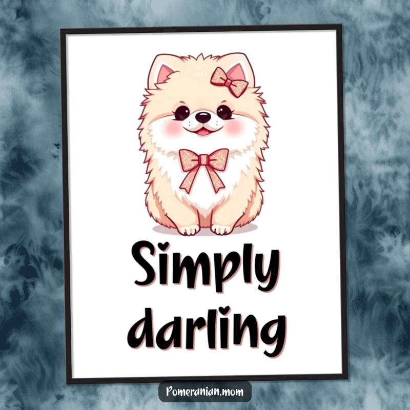Funny Kawaii Pomeranian Poster: A fluffy dog wearing a tiny, sparkling ribbon, looking absolutely adorable, perfect for decoration.