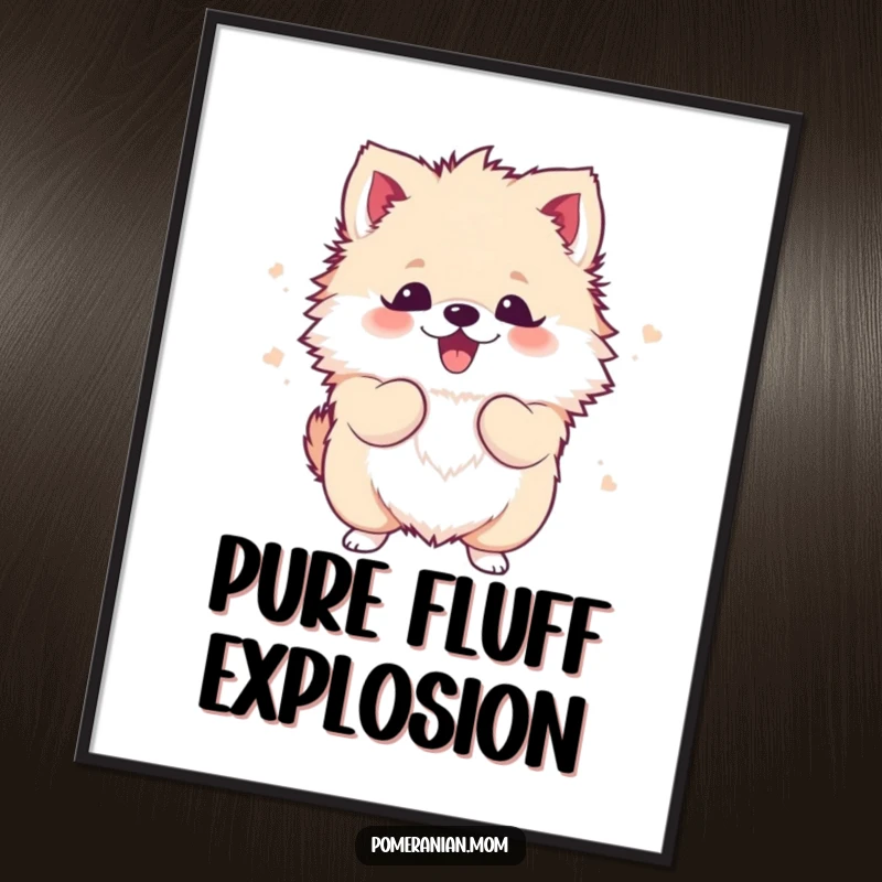 Funny Kawaii Pomeranian Poster: A cute, fluffy dog energetically shaking its entire body with overwhelming excitement and joy.