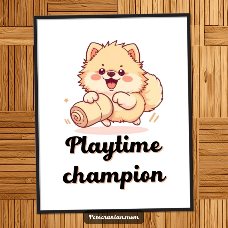 Funny poster illustrating a kawaii Pomeranian enthusiastically chasing a rolled-up sock with its whole body, full of playful energy.