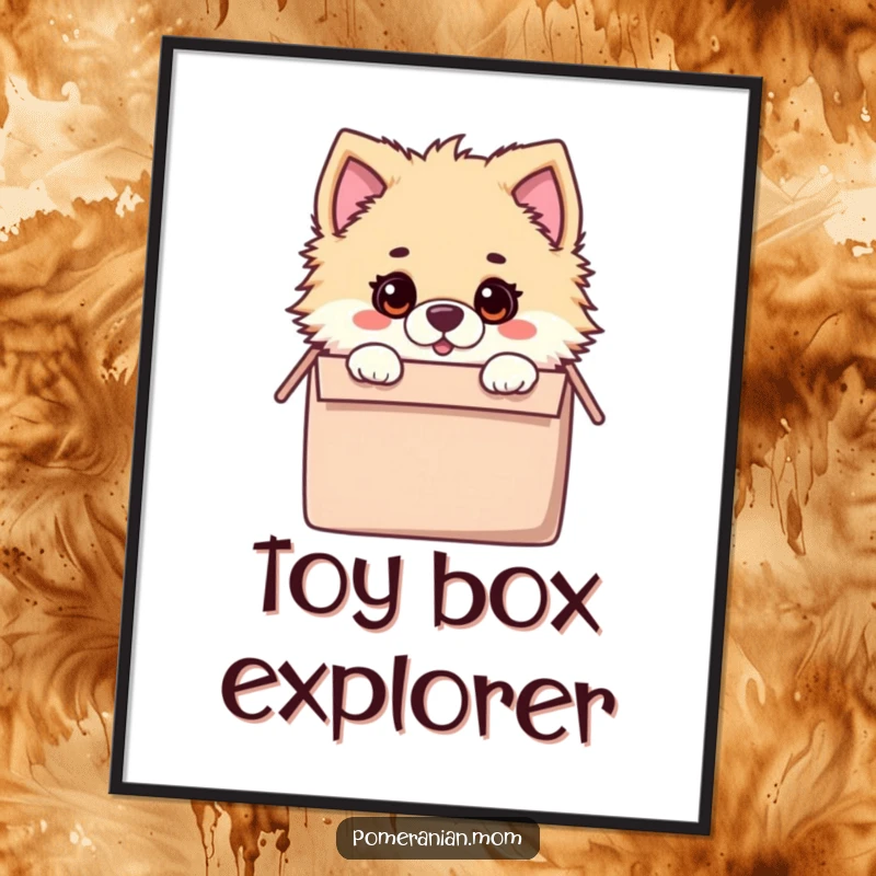 Funny poster illustrating a kawaii Pomeranian with a surprised expression, peeking from inside a toy box, full of playful discovery.