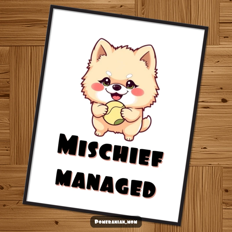 Funny Pomeranian character with a mischievous grin holding a ball on this vibrant poster, capturing a moment of playful anticipation and fun.