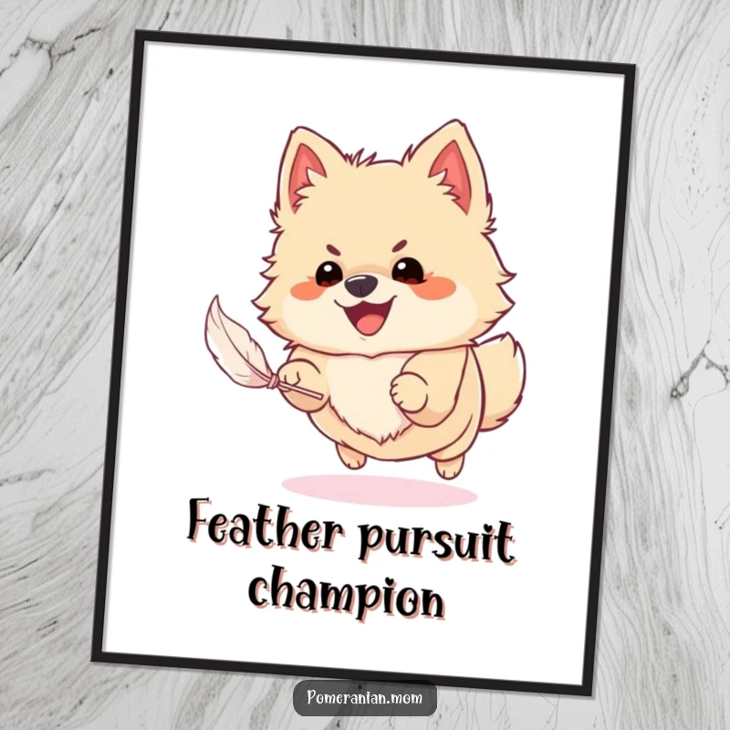 Funny Pomeranian poster capturing a dog gleefully chasing a small feather, illustrating intense focus and boundless playful energy.