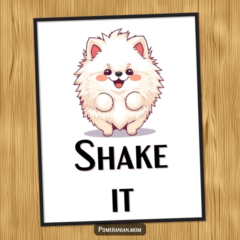 Funny, fluffy Pomeranian poster featuring a cheerful dog joyfully shaking its voluminous fur.