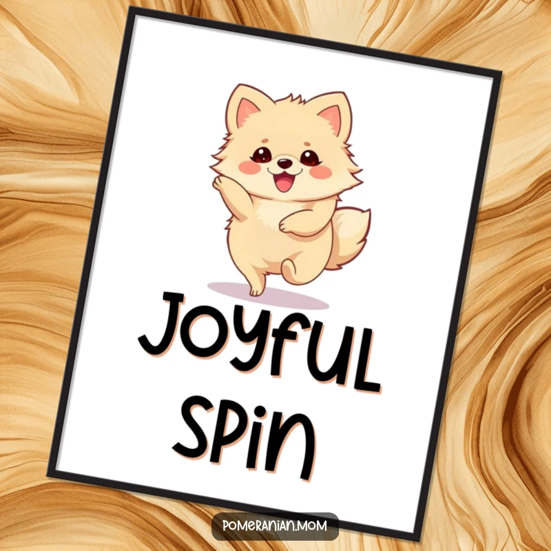 Funny Pomeranian Poster illustrating a cute Pomeranian character in a joyous, spinning twirl.