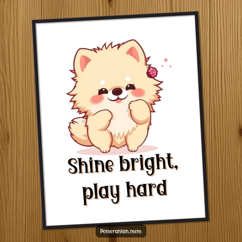 Funny kawaii Pomeranian poster, a cute dog art print showing a playful toss of a sparkly accessory. Chic decor.