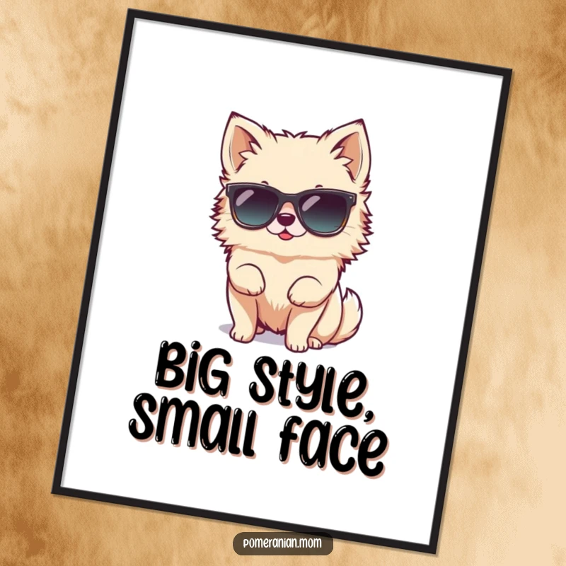 Funny tiny Pomeranian character hilariously attempting to wear oversized sunglasses on this vibrant poster, capturing a moment of cool, comical fashion.