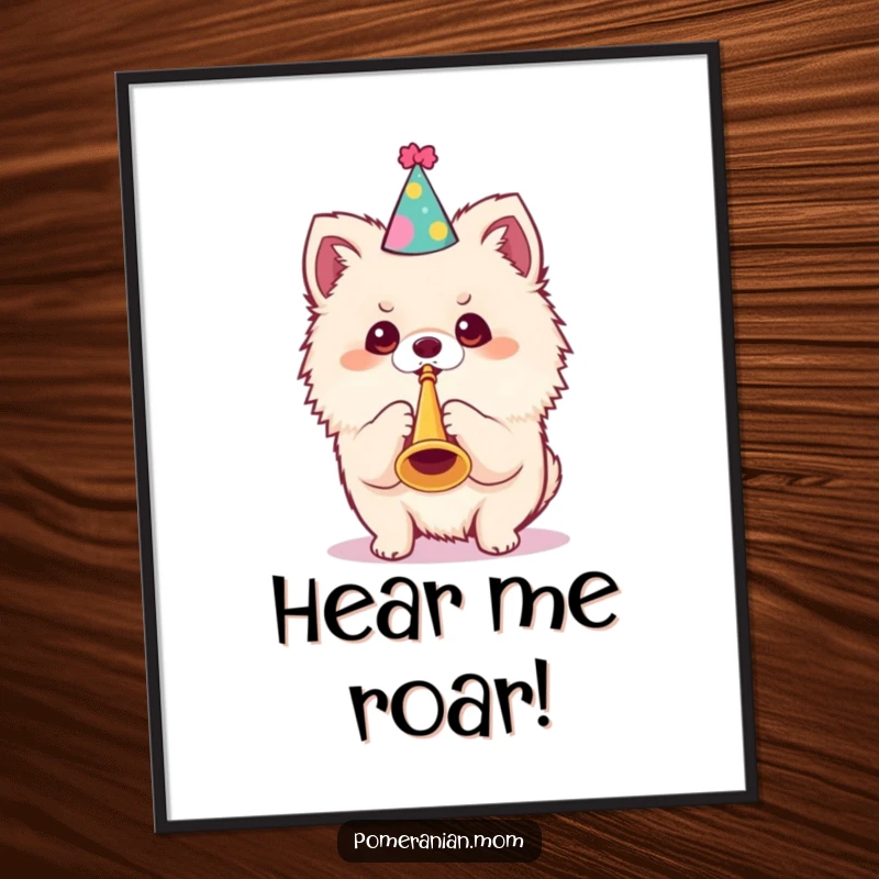 Funny Kawaii Pomeranian Poster: A cute dog in a party hat blows a tiny trumpet, spreading festive joy and celebration.