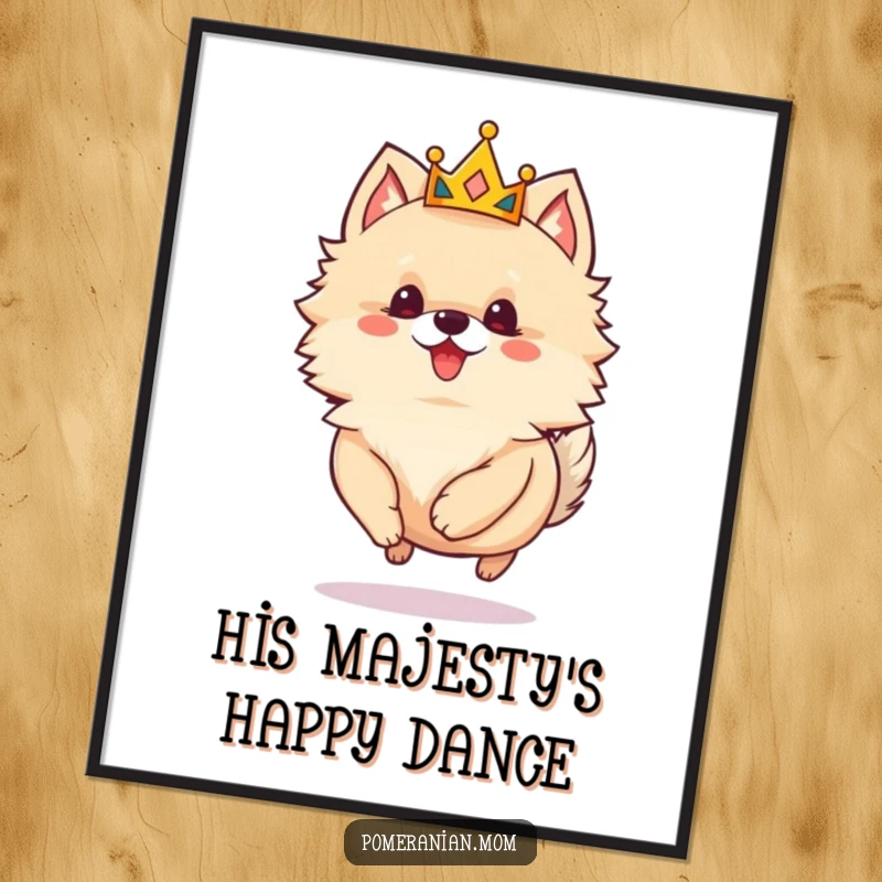 Funny Pomeranian poster featuring a small dog wearing a crown, joyfully skipping, adding a touch of regal whimsy.