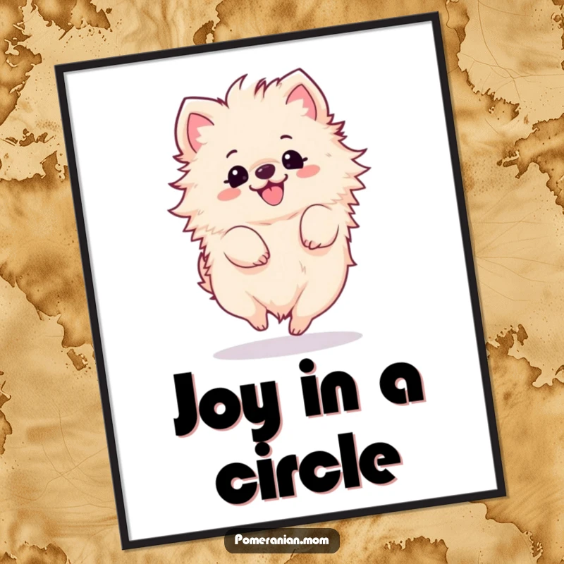 Funny Kawaii Pomeranian Poster: A fluffy dog captured mid-spin, radiating happiness and playful energy, perfect for decoration.