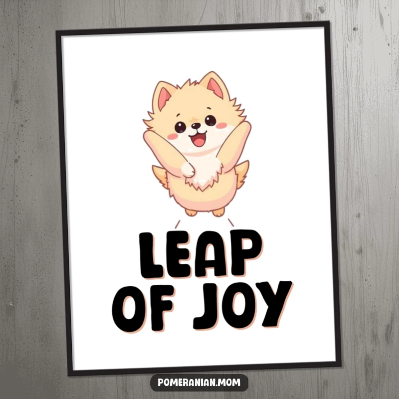 Funny Kawaii Pomeranian Poster: Dog in a joyful, high leap, showcasing dynamic movement and humorous energy on your wall.