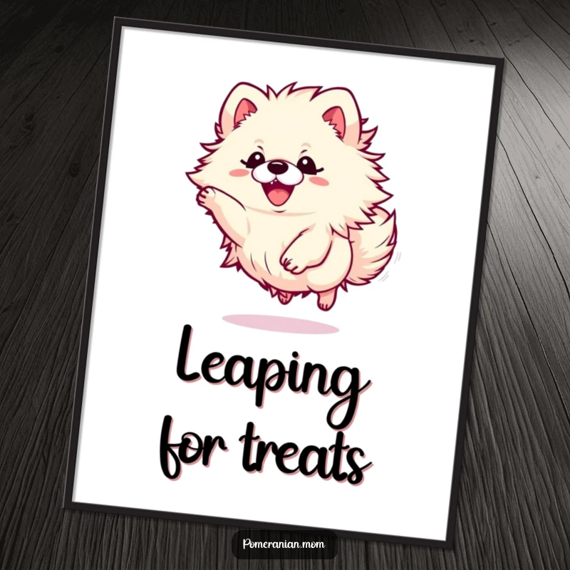 Funny Kawaii Pomeranian poster showing a small, fluffy dog energetically leaping through the air with sheer joy and excitement.
