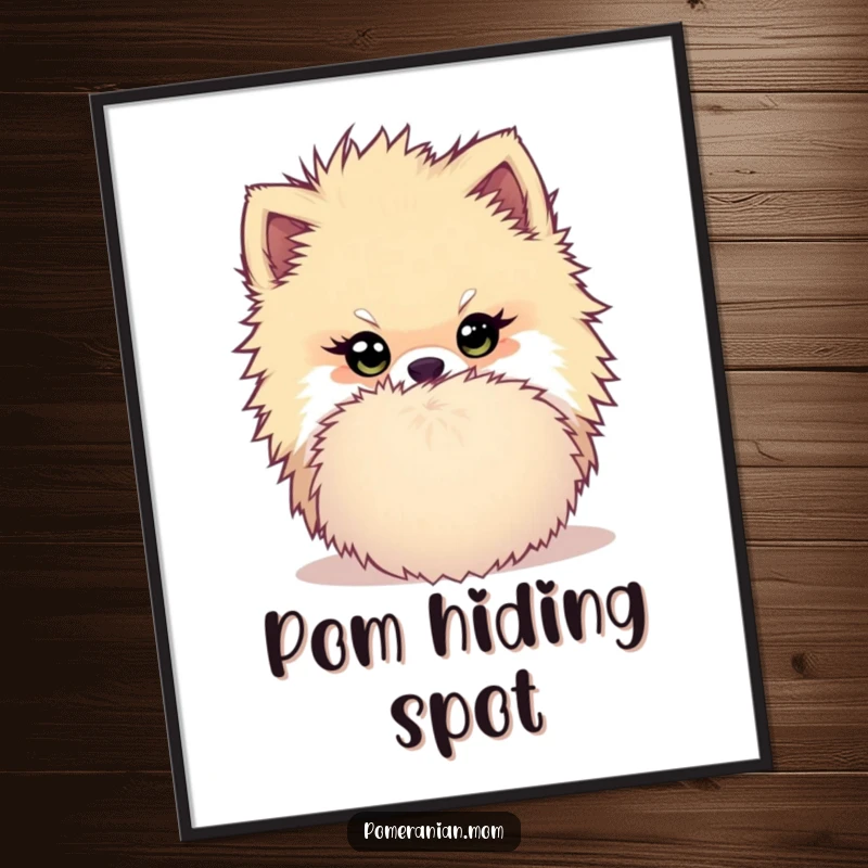 Funny Kawaii Pomeranian Poster: Dog with a mischievous twinkle hiding behind a large pom-pom, adding playful humor to your wall.