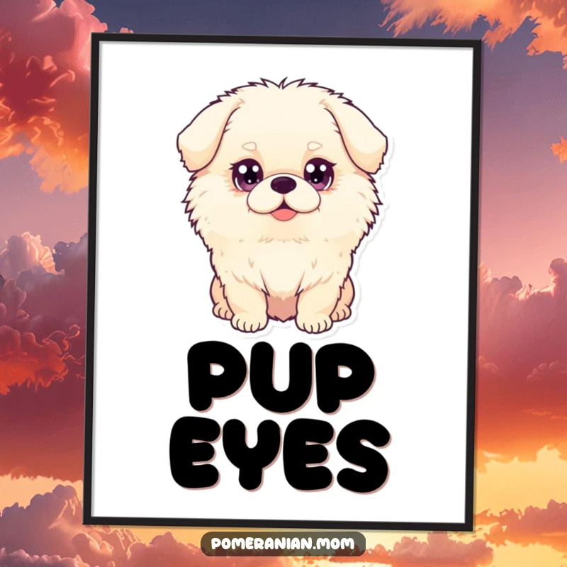 Funny dog poster print of a fluffy dog with large, sparkling eyes, ideal for charming and heartwarming wall decor.