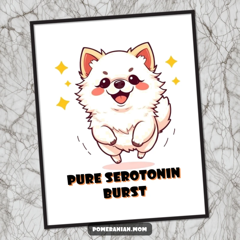 Funny kawaii Pomeranian doing energetic zoomies poster, capturing playful doggy spirit and a vibrant art piece.
